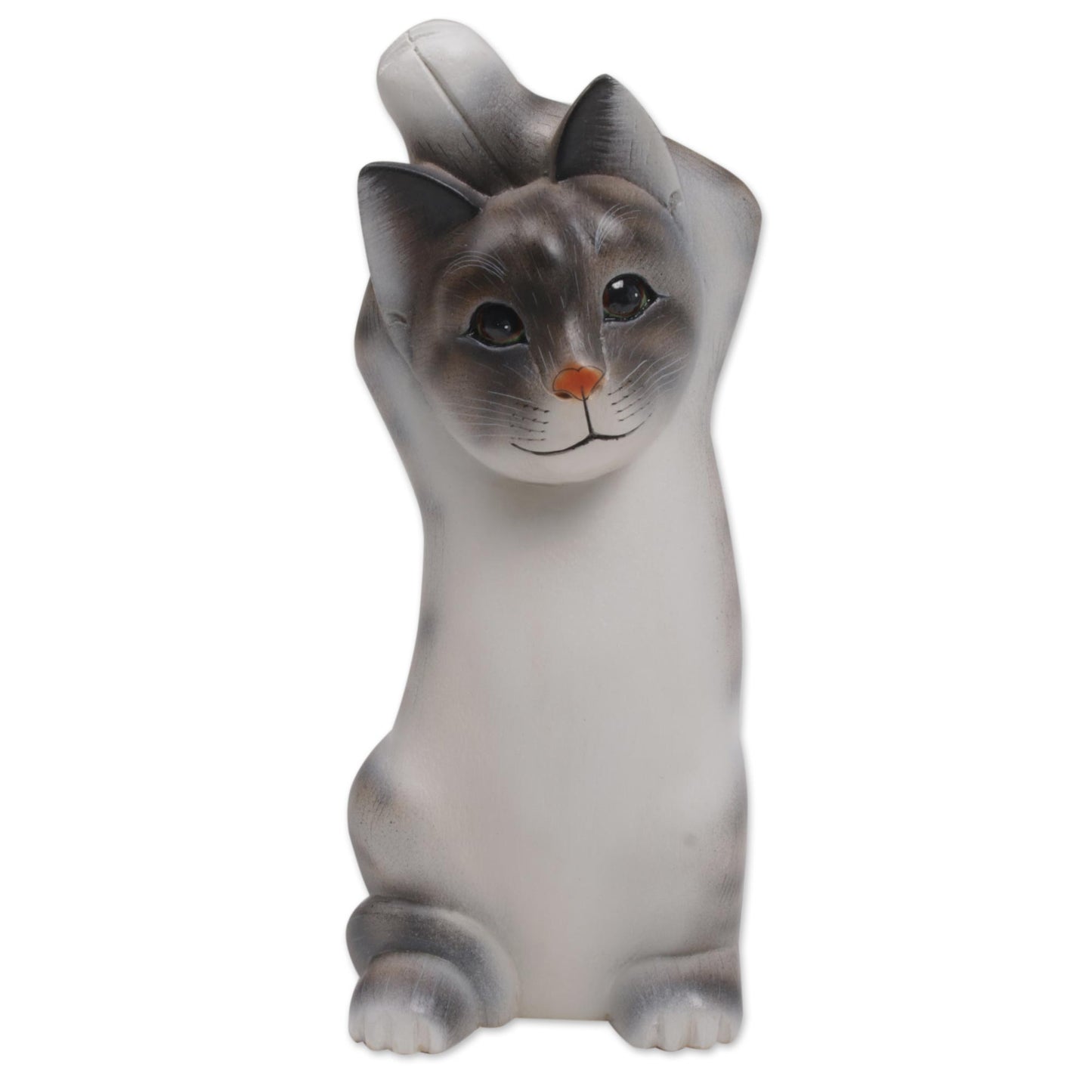 Skyward Paws Whimsical Wood Cat Sculpture in Grey and White from Bali