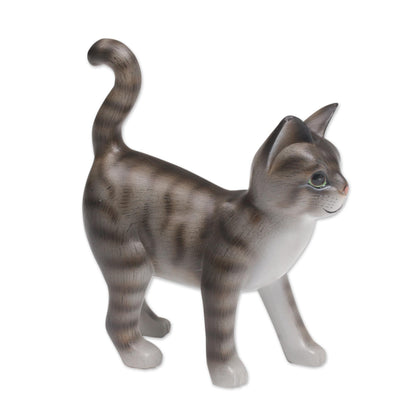 Curious Kitten Standing Wood Cat Sculpture in Grey and White from Bali