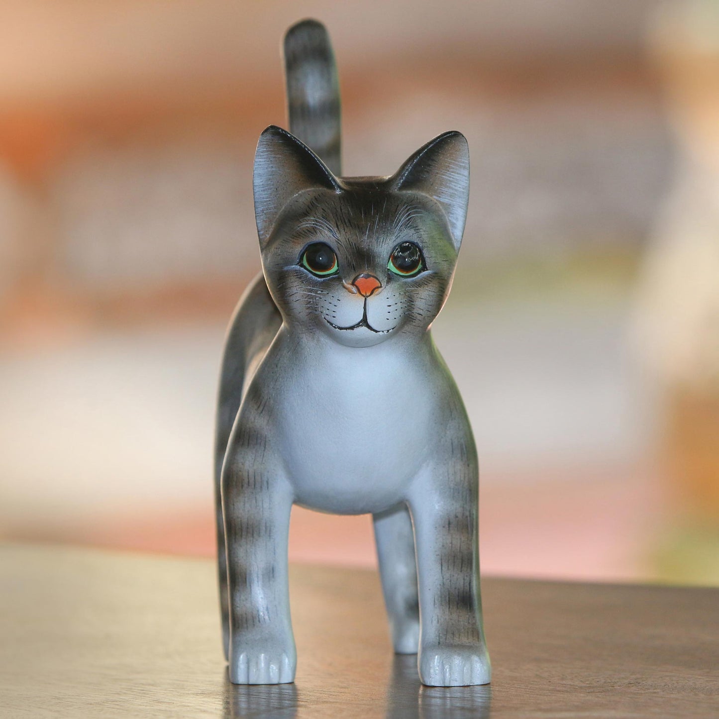 Curious Kitten Standing Wood Cat Sculpture in Grey and White from Bali