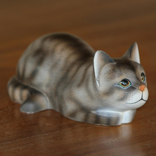 Resting Kitty Resting Wood Cat Sculpture in Grey and White from Bali