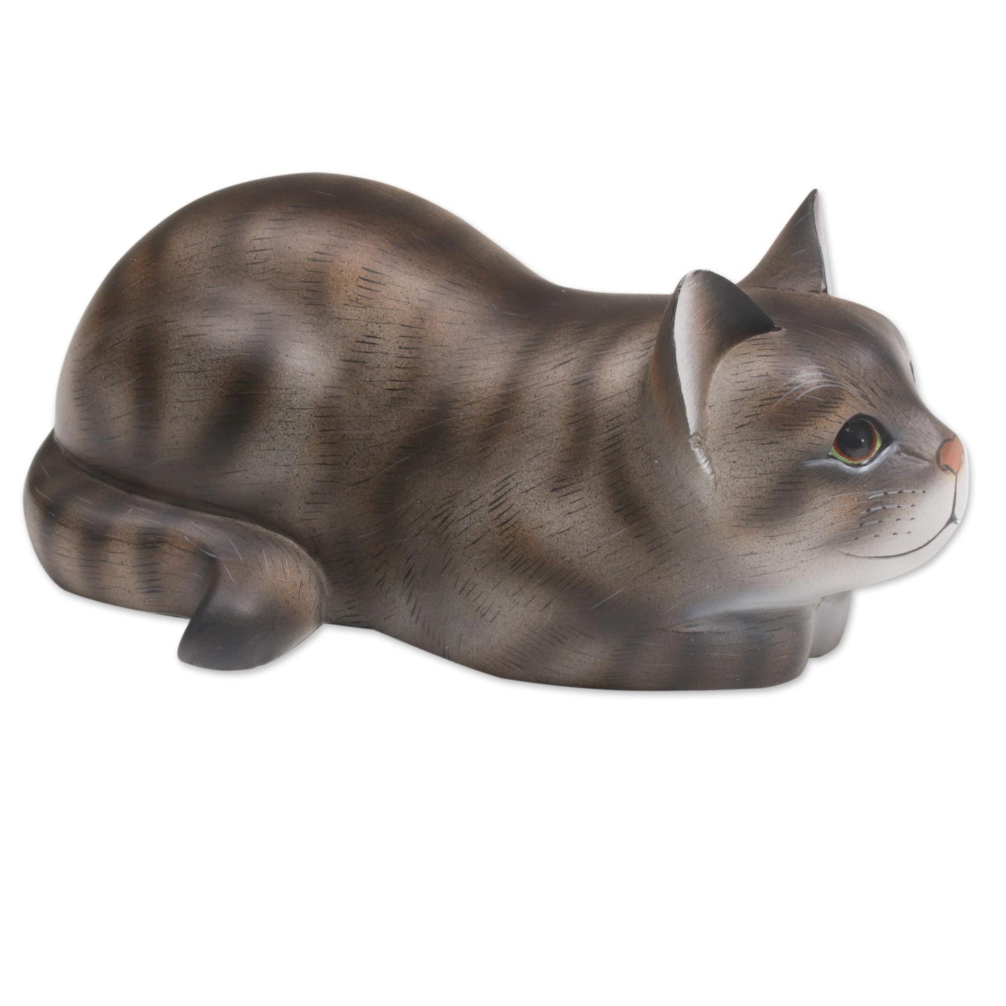 Resting Kitty Resting Wood Cat Sculpture in Grey and White from Bali