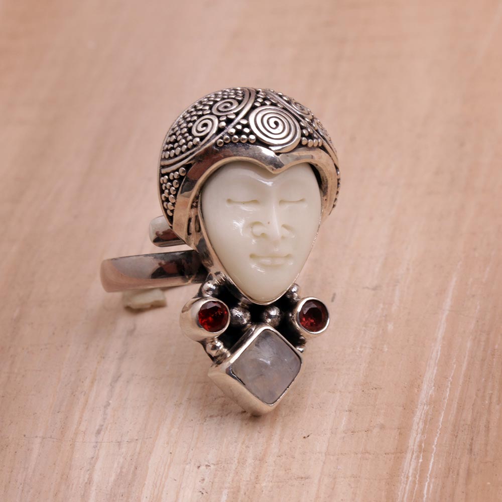 NOVICA Honored Knight Rainbow Moonstone Garnet Ring | GreaterGood