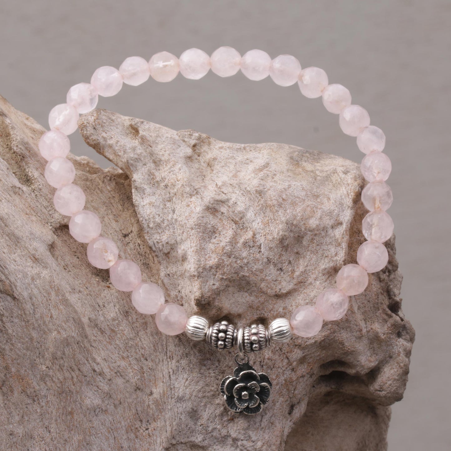 Still Rose Rose Quartz and Flower Charm Beaded Bracelet from Bali