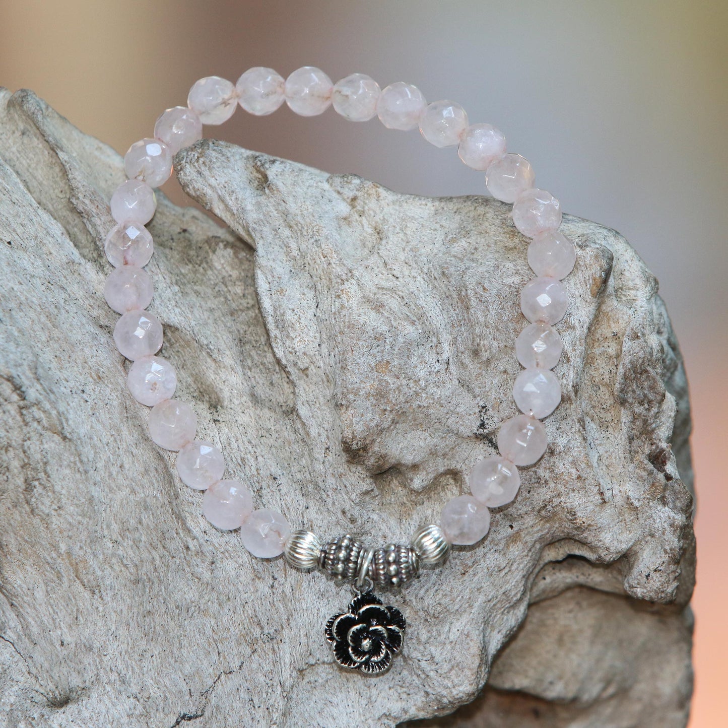 Still Rose Rose Quartz and Flower Charm Beaded Bracelet from Bali