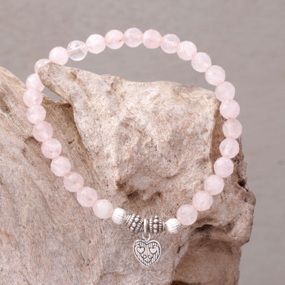 Sentimental Charm Rose Quartz 925 Silver Heart Charm Bracelet from Bali