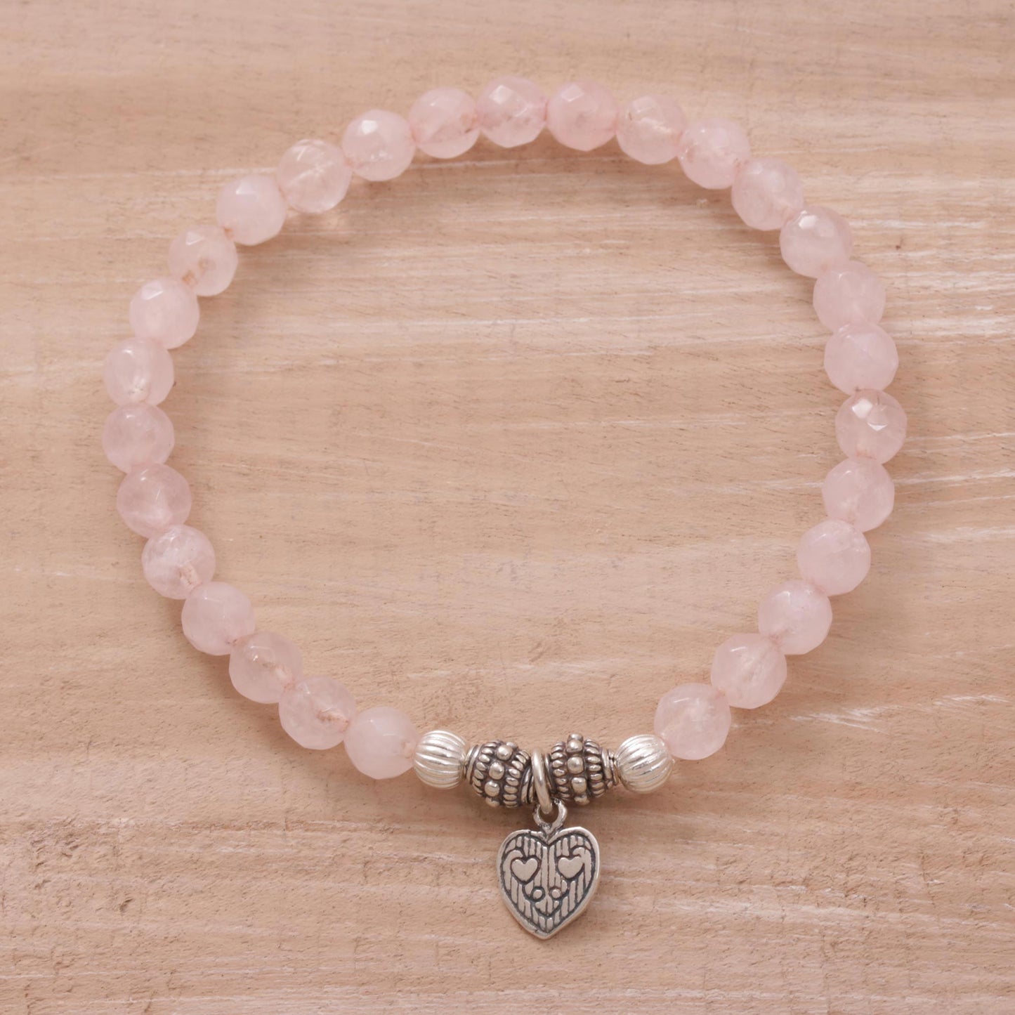 Sentimental Charm Rose Quartz 925 Silver Heart Charm Bracelet from Bali