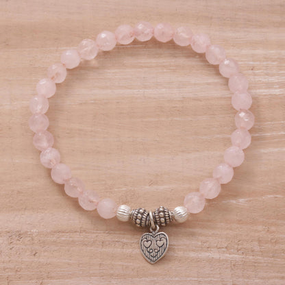 Sentimental Charm Rose Quartz 925 Silver Heart Charm Bracelet from Bali