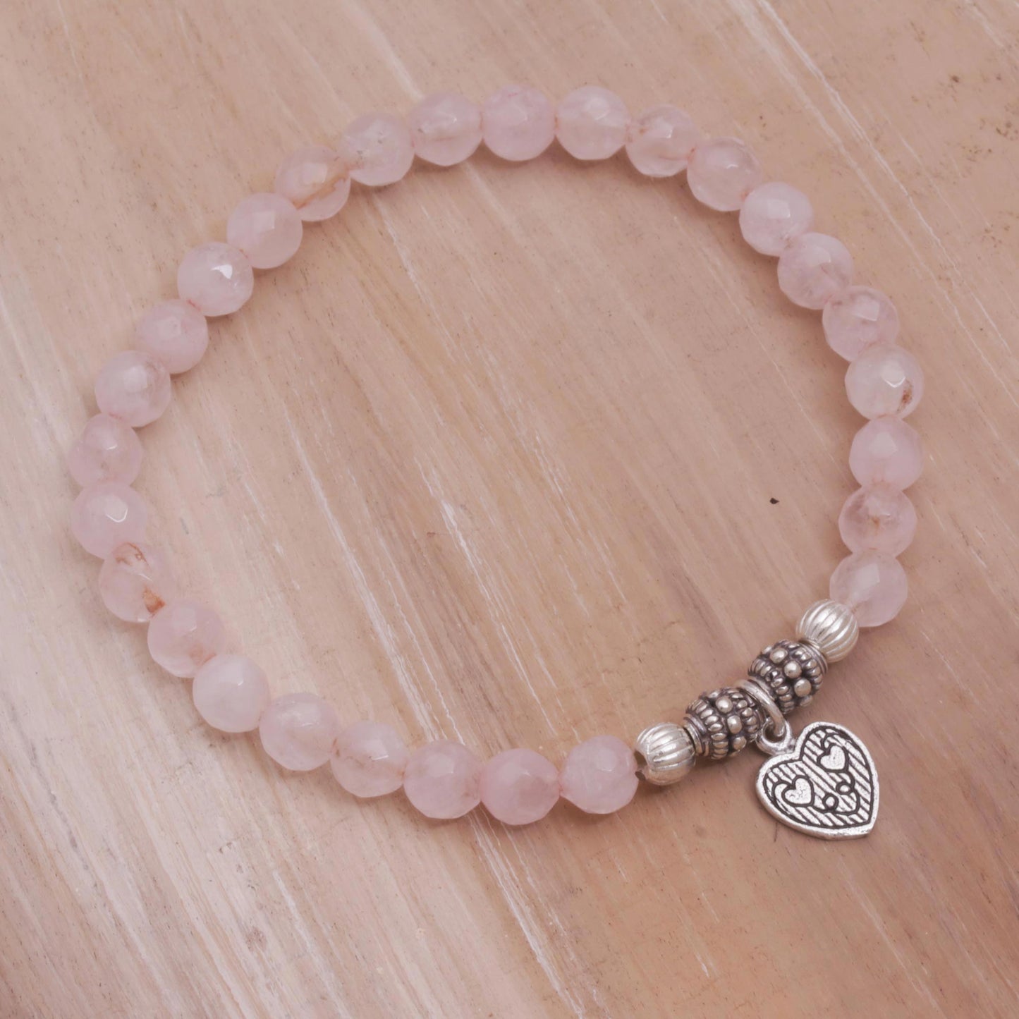 Sentimental Charm Rose Quartz 925 Silver Heart Charm Bracelet from Bali