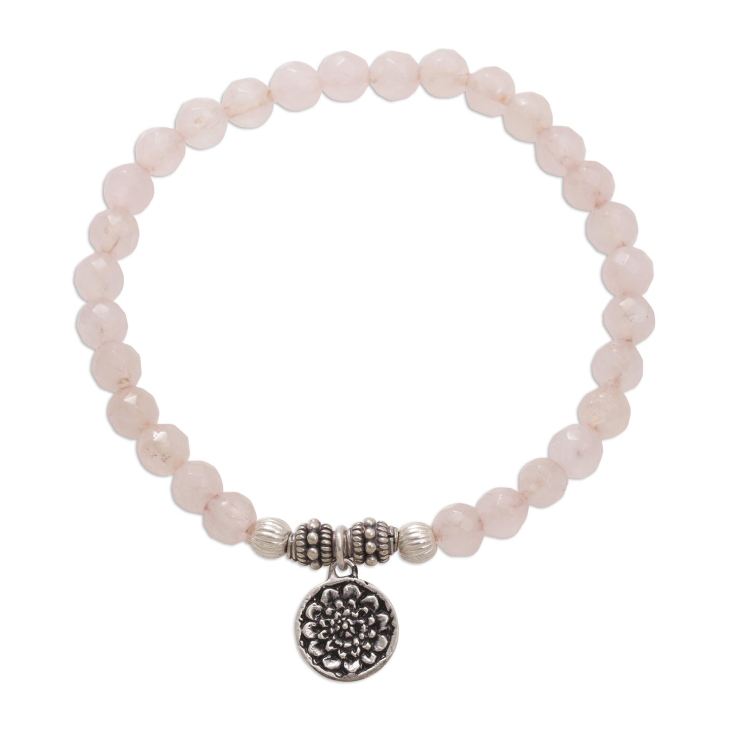 Lotus View Rose Quartz and Floral Charm Beaded Bracelet from Bali