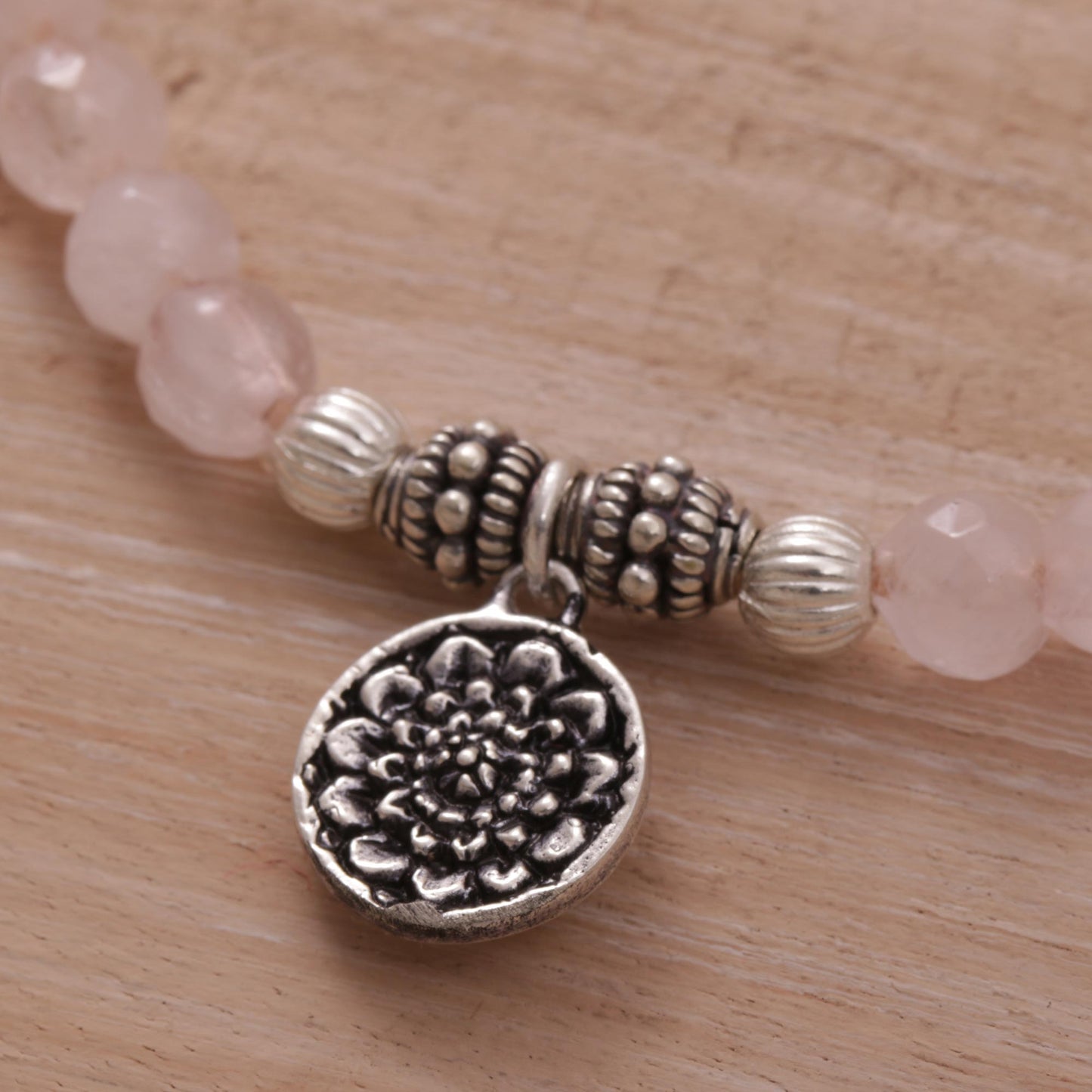 Lotus View Rose Quartz and Floral Charm Beaded Bracelet from Bali