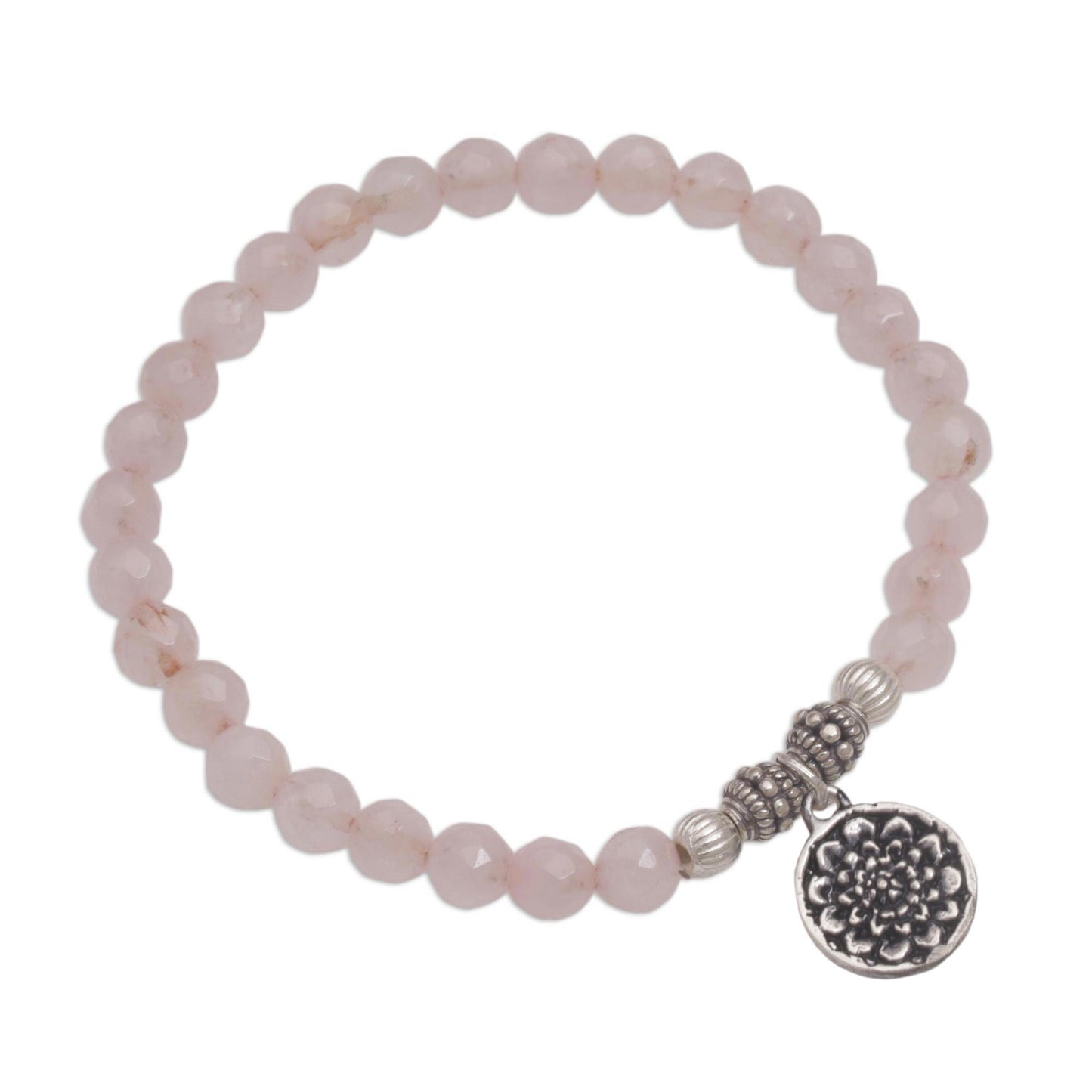 Lotus View Rose Quartz and Floral Charm Beaded Bracelet from Bali