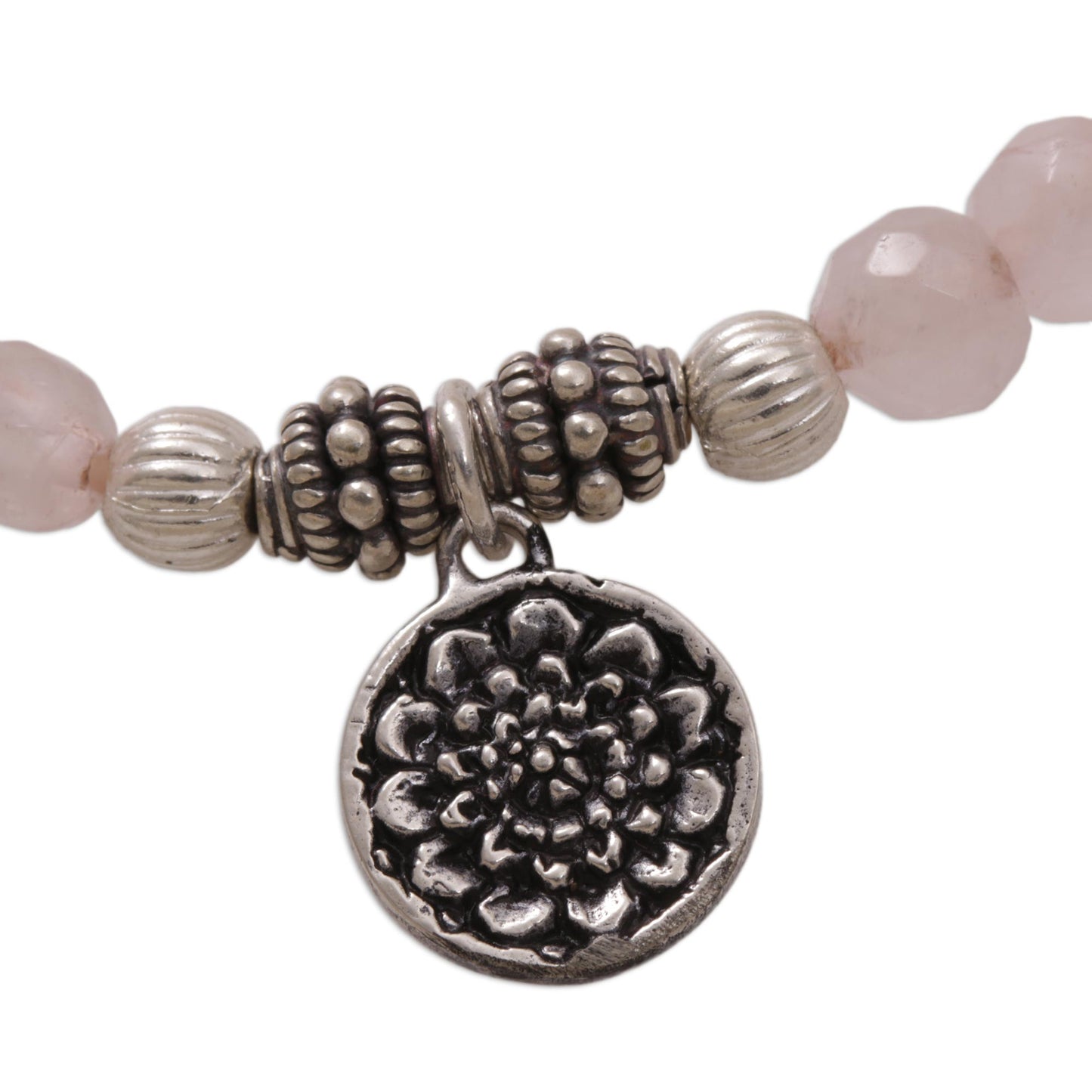 Lotus View Rose Quartz and Floral Charm Beaded Bracelet from Bali