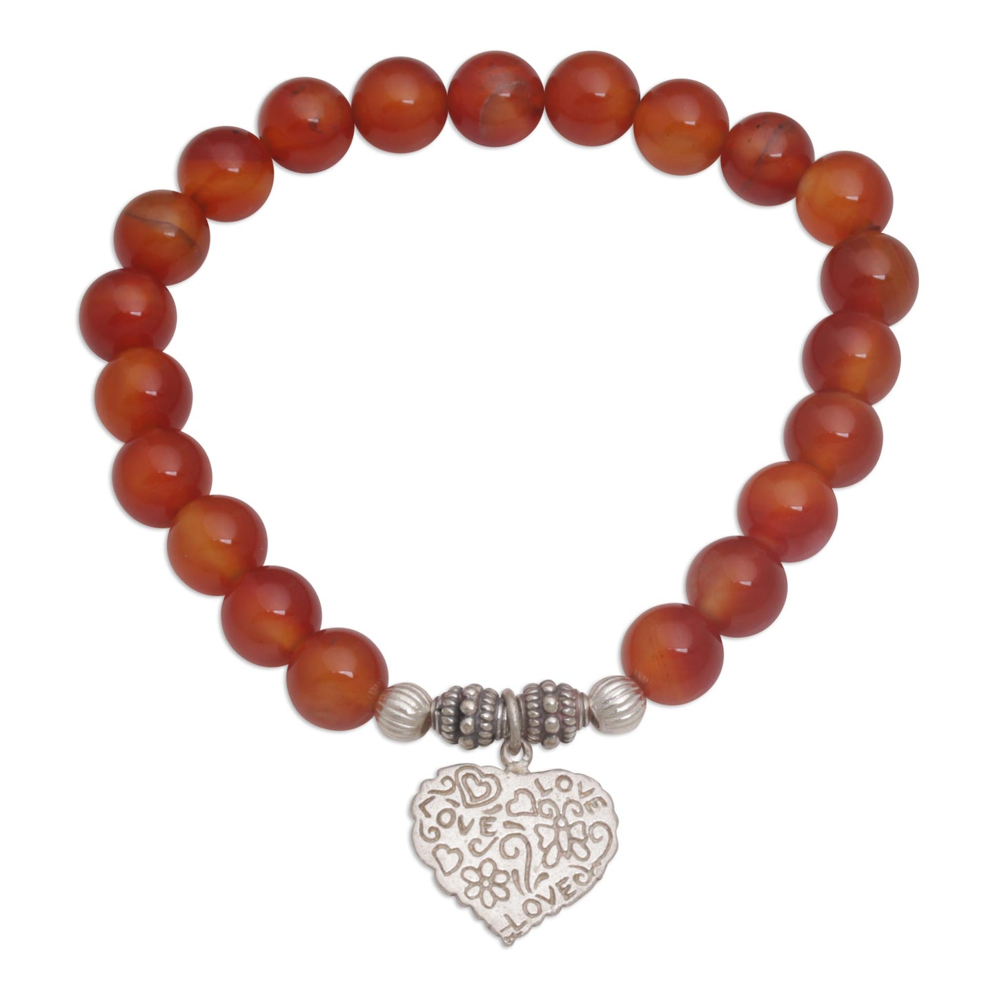 Loving Fantasy Red Carnelian Heart Charm Beaded Bracelet from Bali