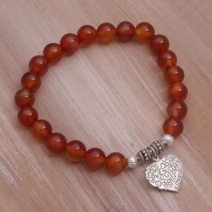 Loving Fantasy Red Carnelian Heart Charm Beaded Bracelet from Bali