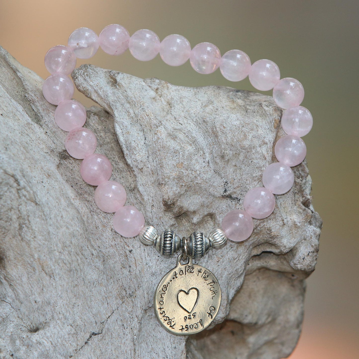 Path to My Heart Rose Quartz Heart Charm Beaded Bracelet from Bali