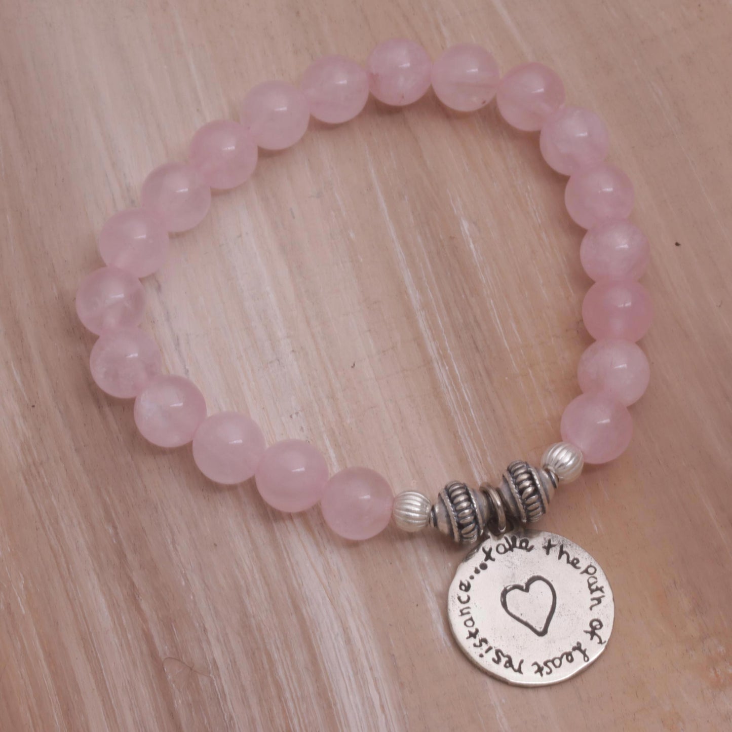 Path to My Heart Rose Quartz Heart Charm Beaded Bracelet from Bali