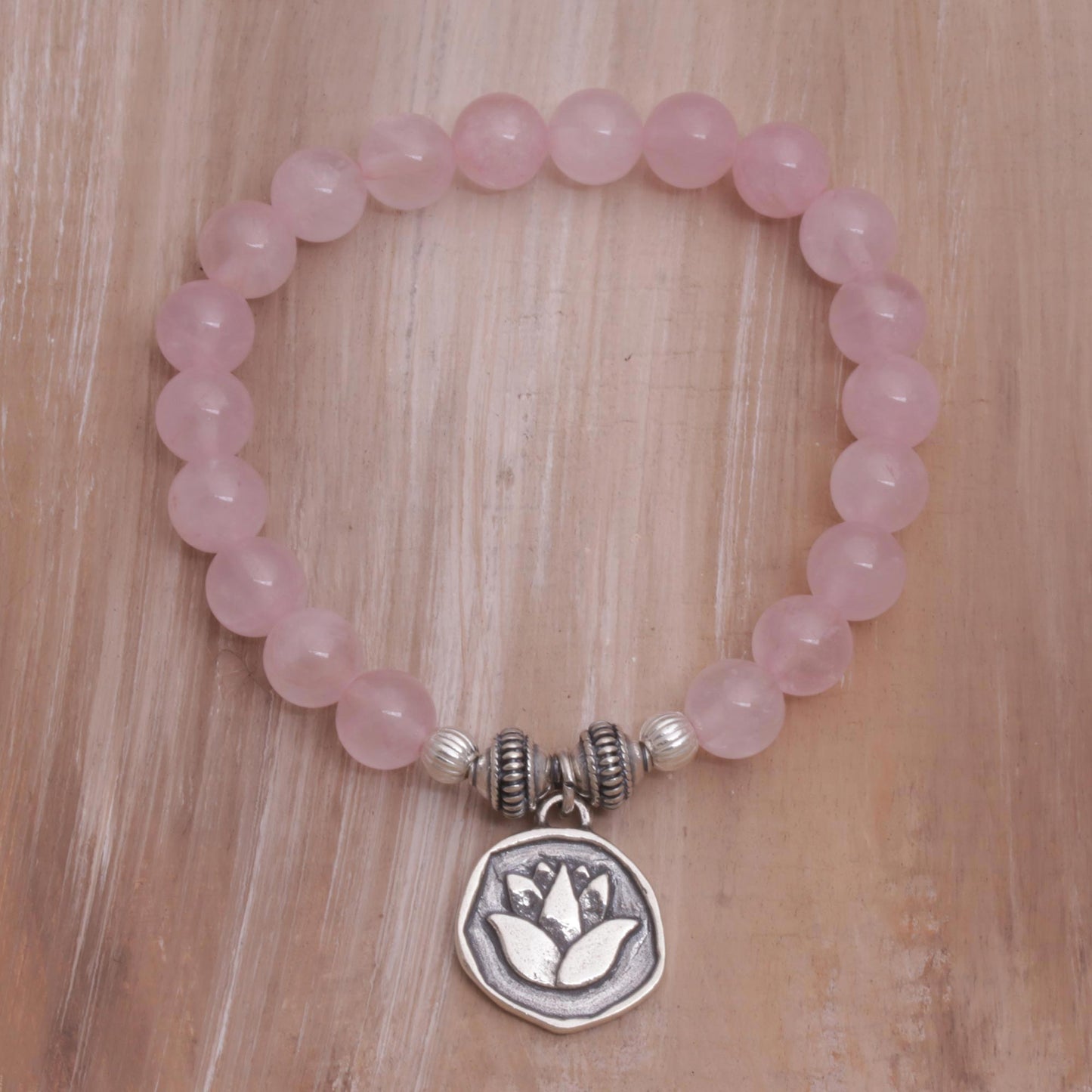 Lotus Burst Rose Quartz and Lotus Charm Beaded Bracelet from BAli