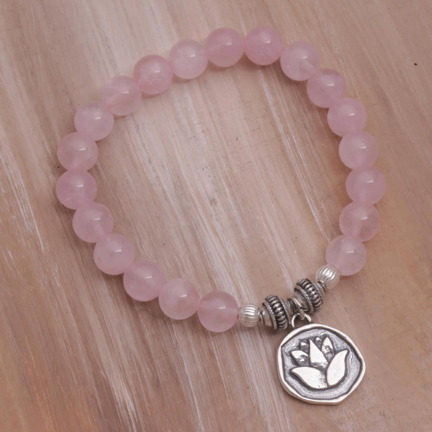 Lotus Burst Rose Quartz and Lotus Charm Beaded Bracelet from BAli