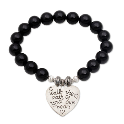 Path of Love Onyx and 925 Silver Beaded Heart Stretch Bracelet from Bali