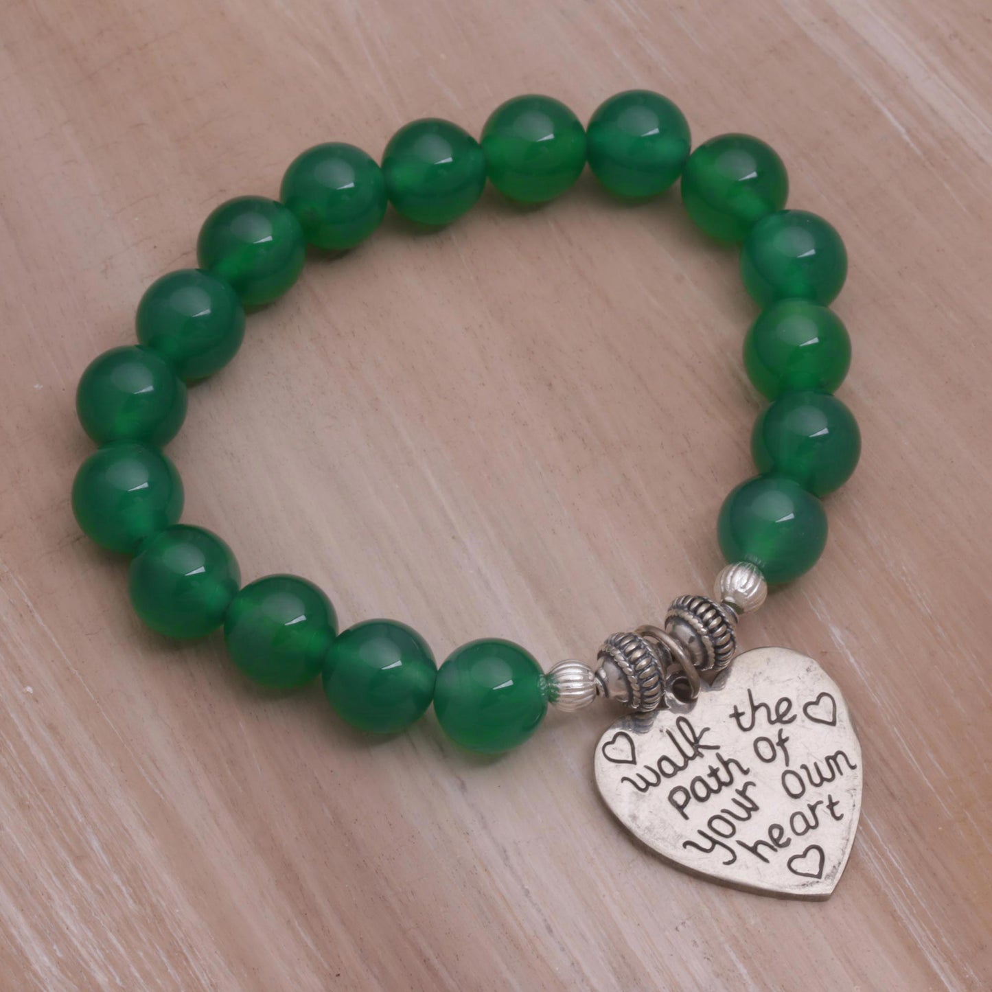 Path of Love Green Agate and Heart Charm Beaded Bracelet from Bali