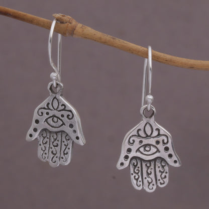 Hamsa Eyes Sterling Silver Hamsa Dangle Earrings from Bali