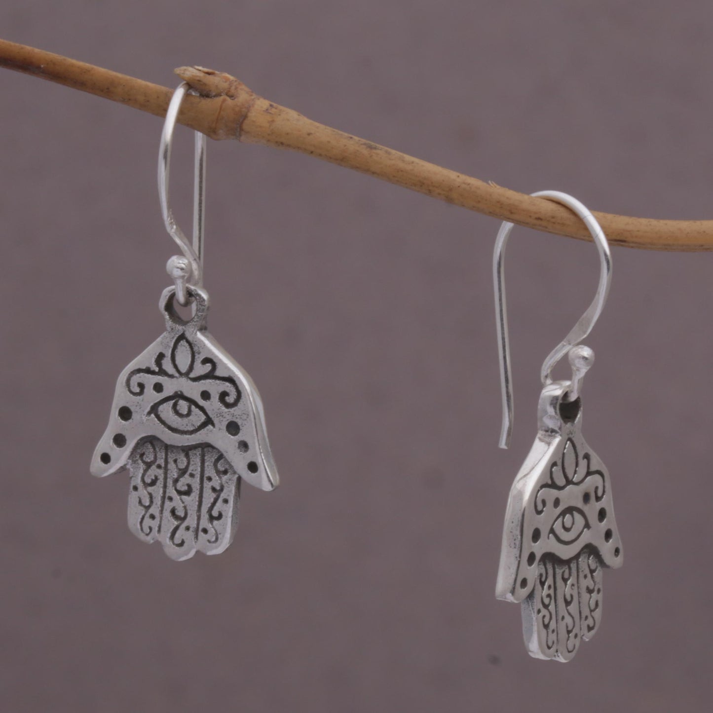 Hamsa Eyes Sterling Silver Hamsa Dangle Earrings from Bali