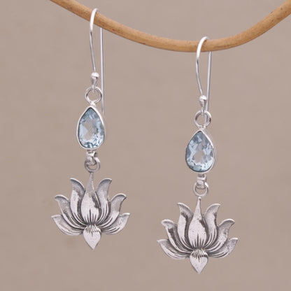 Sacred Bloom 925 Silver Lotus Hook Earrings with Blue Topaz from Bali