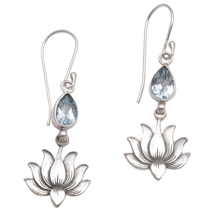 Sacred Bloom 925 Silver Lotus Hook Earrings with Blue Topaz from Bali