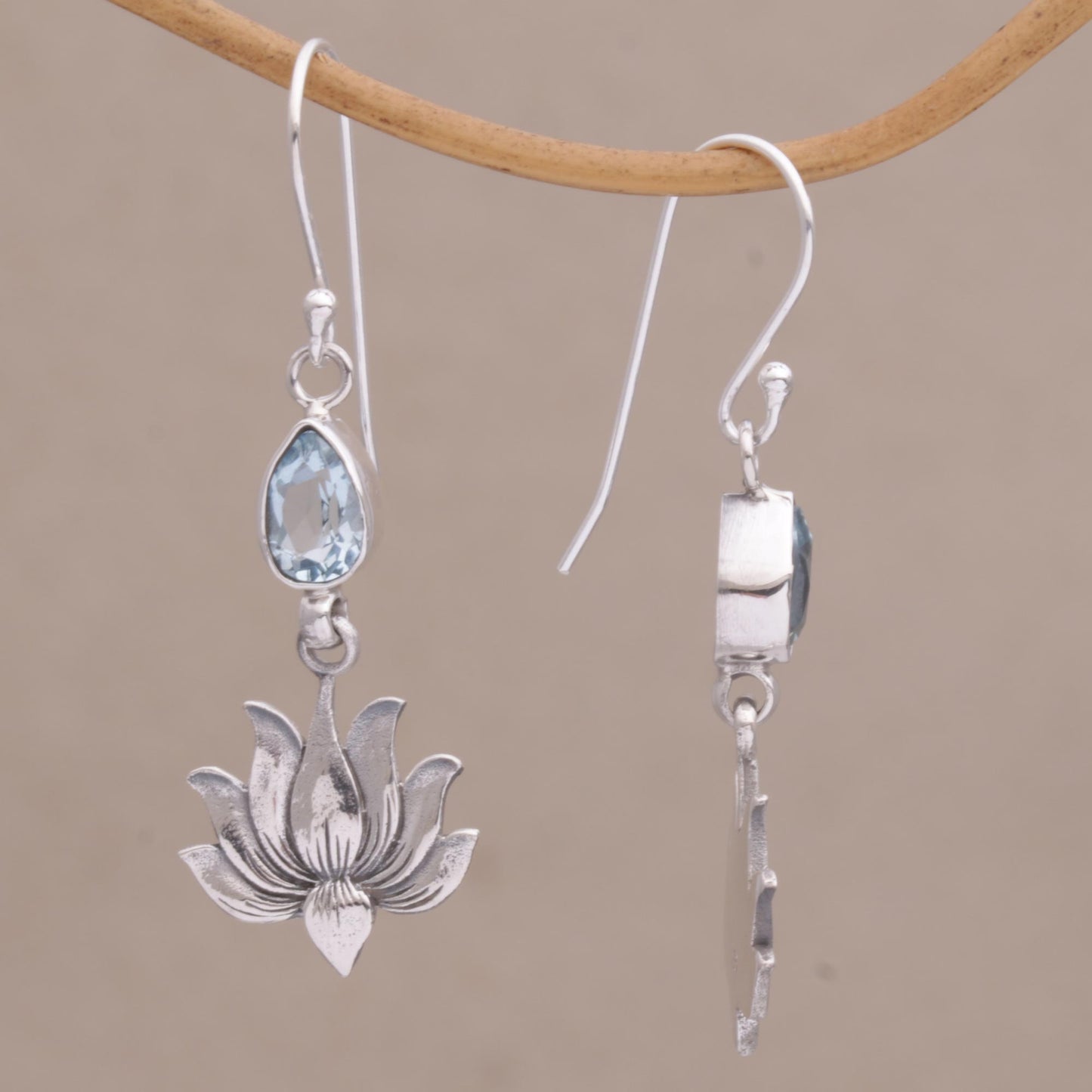 Sacred Bloom 925 Silver Lotus Hook Earrings with Blue Topaz from Bali