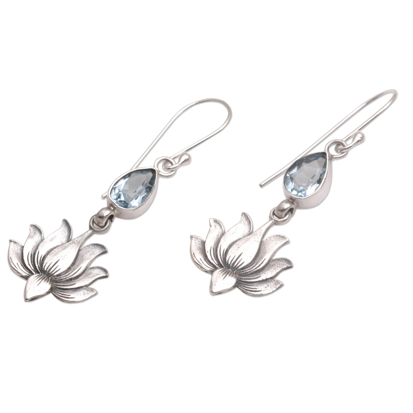 Sacred Bloom 925 Silver Lotus Hook Earrings with Blue Topaz from Bali