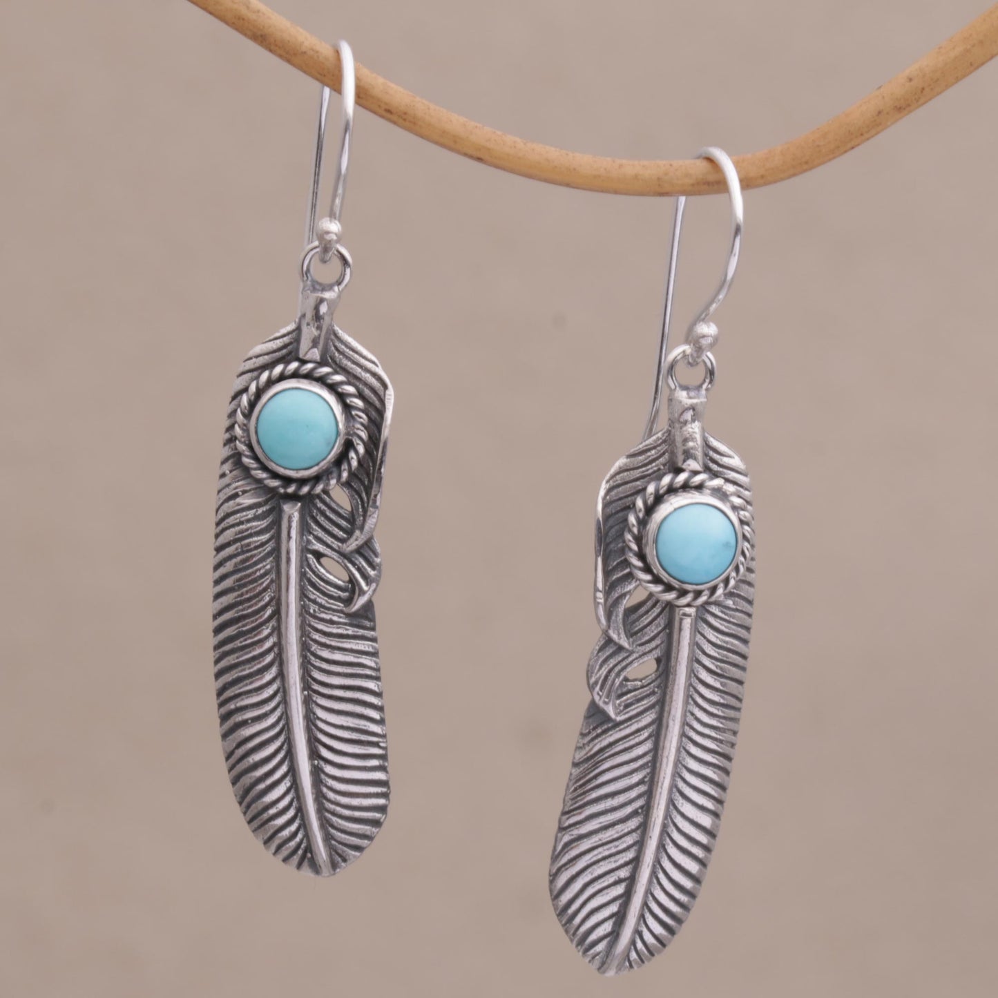 Turquoise Transcendence Turquoise and 925 Silver Feather Dangle Earrings from Bali