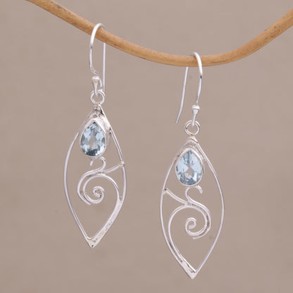 Natural Swirl Blue Topaz and Sterling Silver Swirl Motif Dangle Earrings