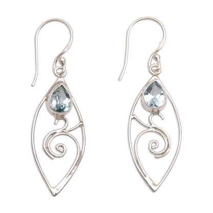 Natural Swirl Blue Topaz and Sterling Silver Swirl Motif Dangle Earrings