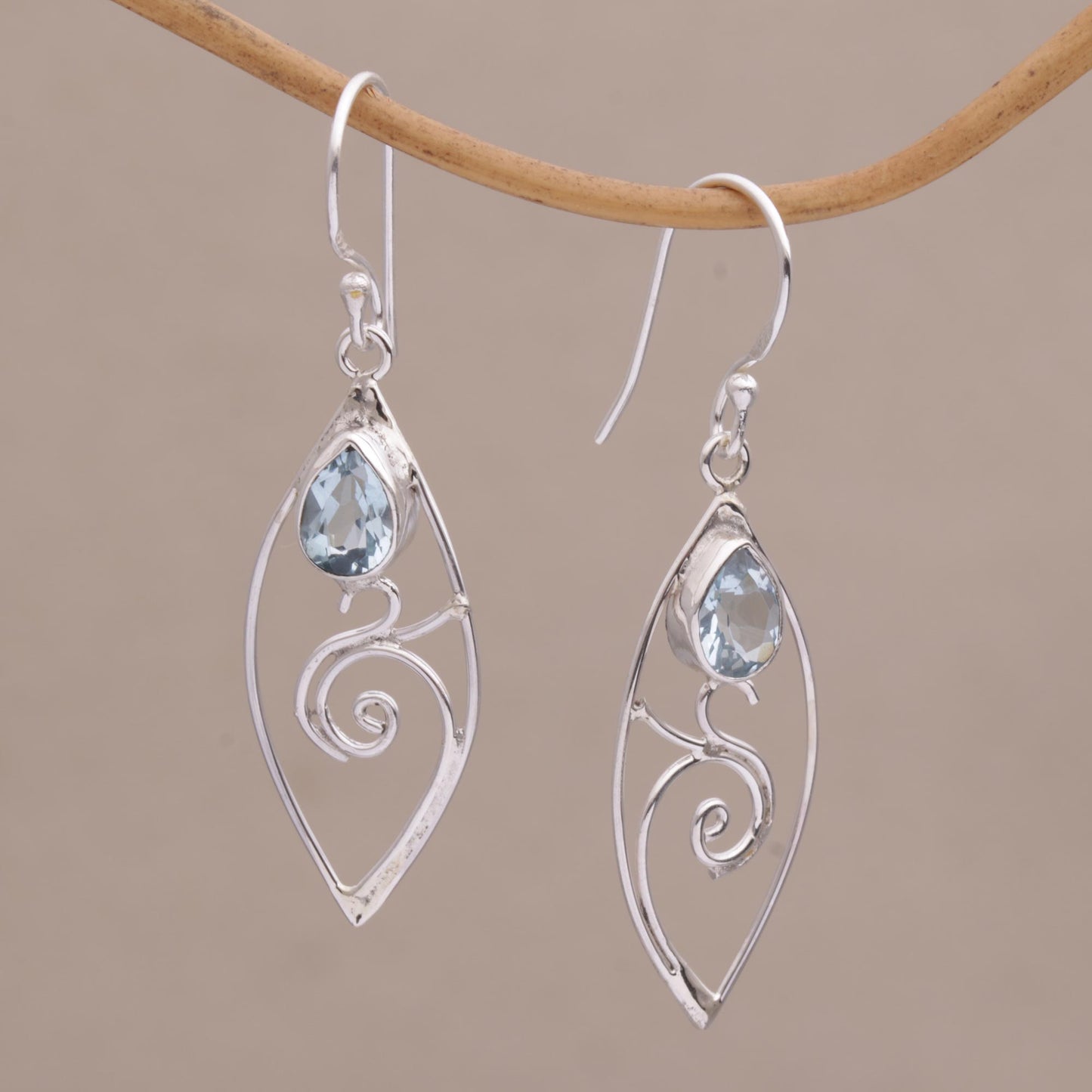 Natural Swirl Blue Topaz and Sterling Silver Swirl Motif Dangle Earrings