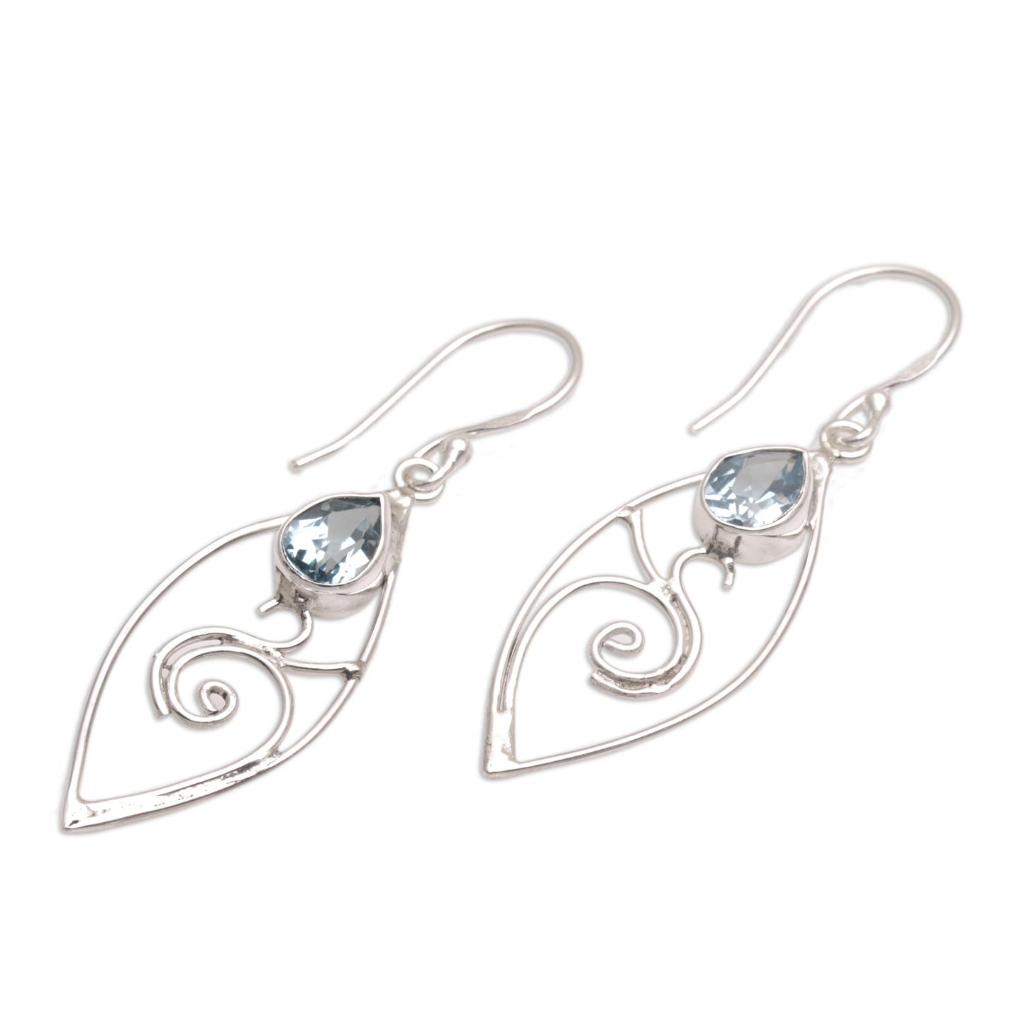 Natural Swirl Blue Topaz and Sterling Silver Swirl Motif Dangle Earrings