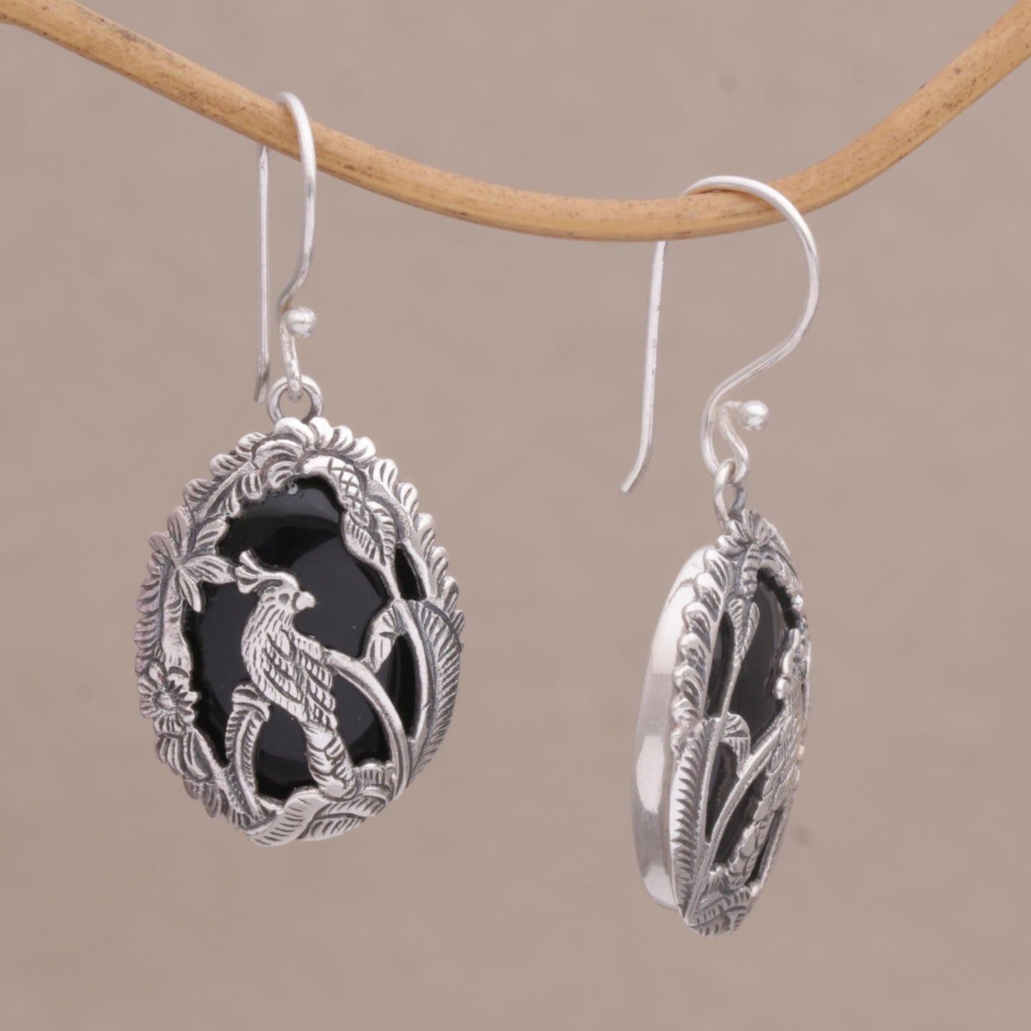 Cockatoo Garden Onyx and Sterling Silver Cockatoo Dangle Earrings from Bali