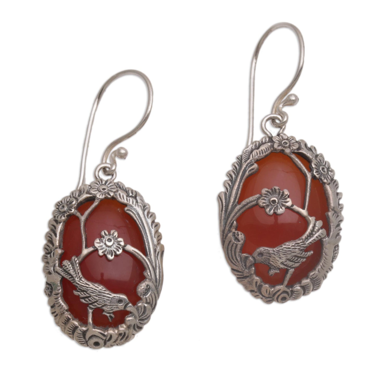 Avian Curiosity Carnelian and 925 Silver Bird Dangle Earrings from Bali