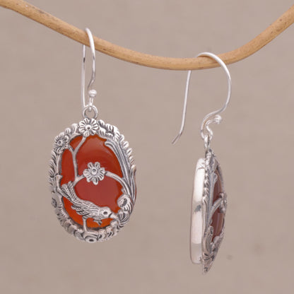 Avian Curiosity Carnelian and 925 Silver Bird Dangle Earrings from Bali