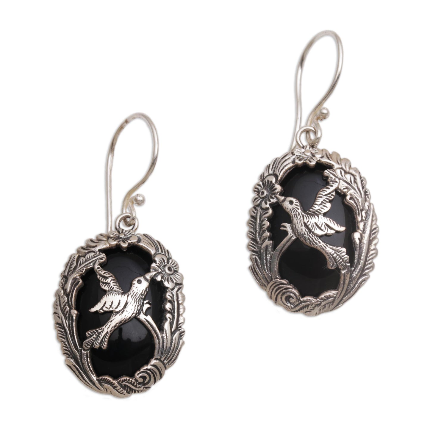 Nature's Freedom Onyx and 925 Silver Bird-Themed Dangle Earrings from Bali