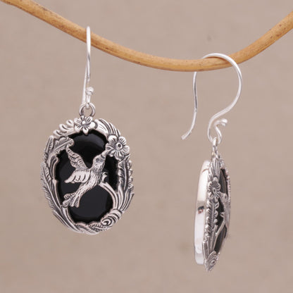 Nature's Freedom Onyx and 925 Silver Bird-Themed Dangle Earrings from Bali