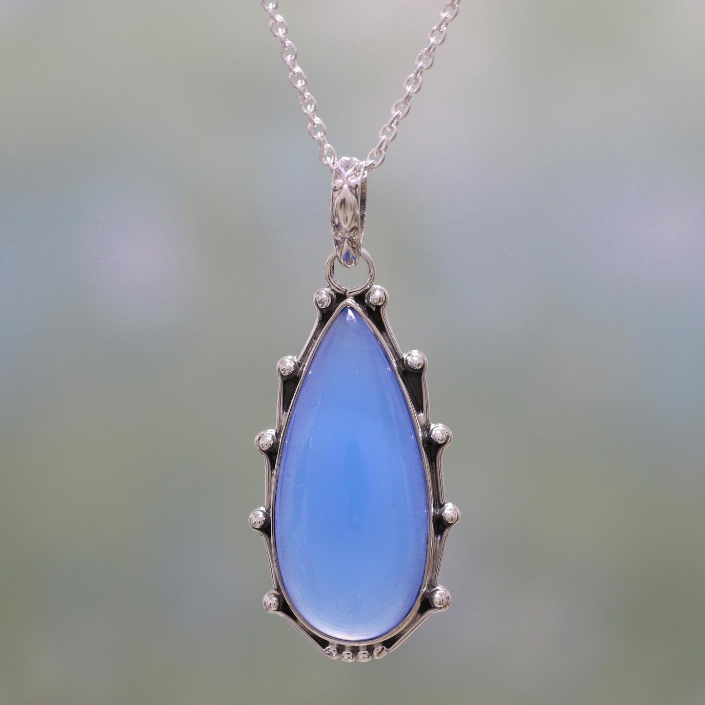 Peaceful Blues Chalcedony and Sterling Silver Pendant Necklace from India