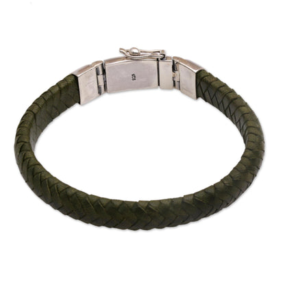 Shrine Weave in Green Green Leather Braided Wristband Bracelet from Bali