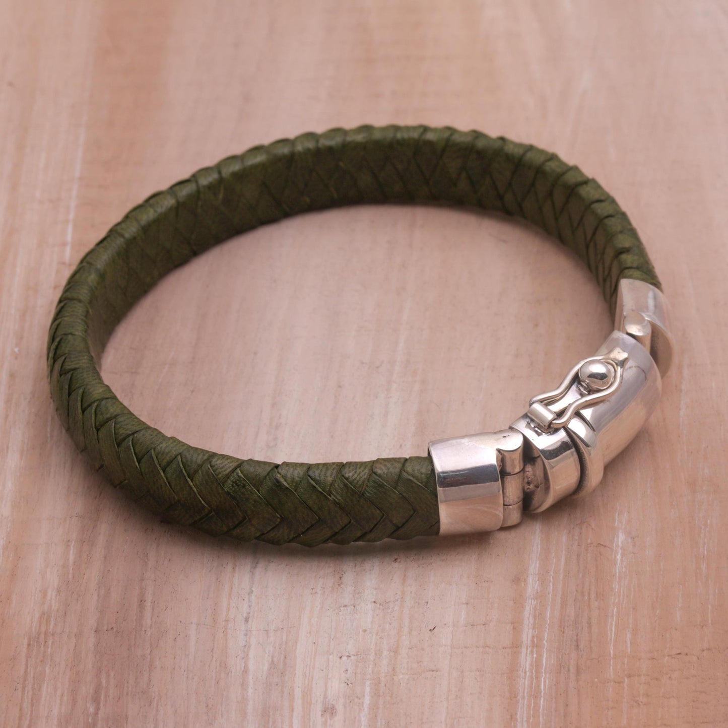 Shrine Weave in Green Green Leather Braided Wristband Bracelet from Bali