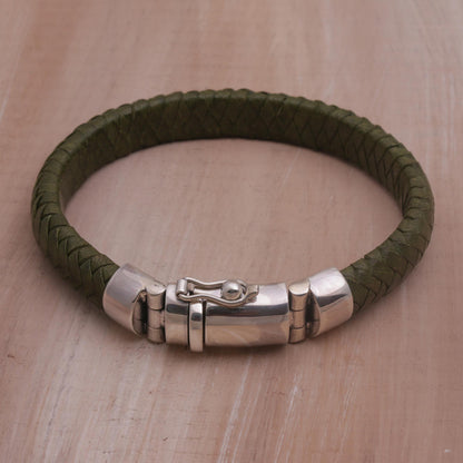 Shrine Weave in Green Green Leather Braided Wristband Bracelet from Bali