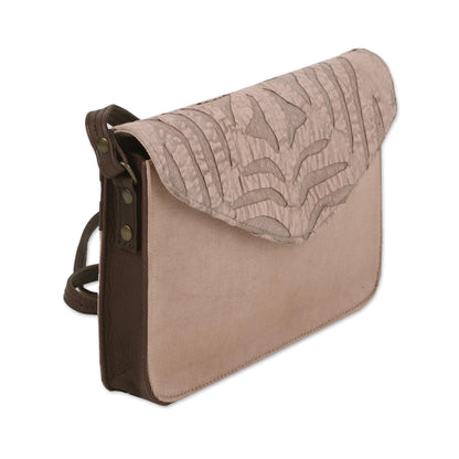 Beige Traveler Leather Accent Cotton Applique Shoulder Bag from India