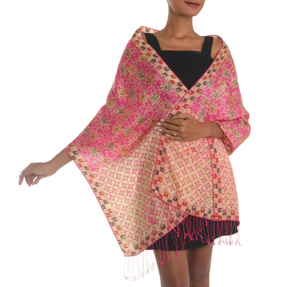 Kawung Azaleas in Fuchsia Batik Silk Shawl with Fuchsia Floral Motifs from Bali