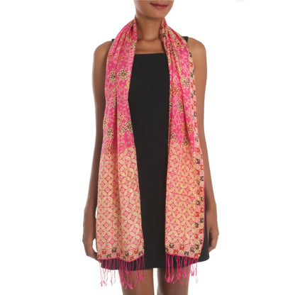 Kawung Azaleas in Fuchsia Batik Silk Shawl with Fuchsia Floral Motifs from Bali