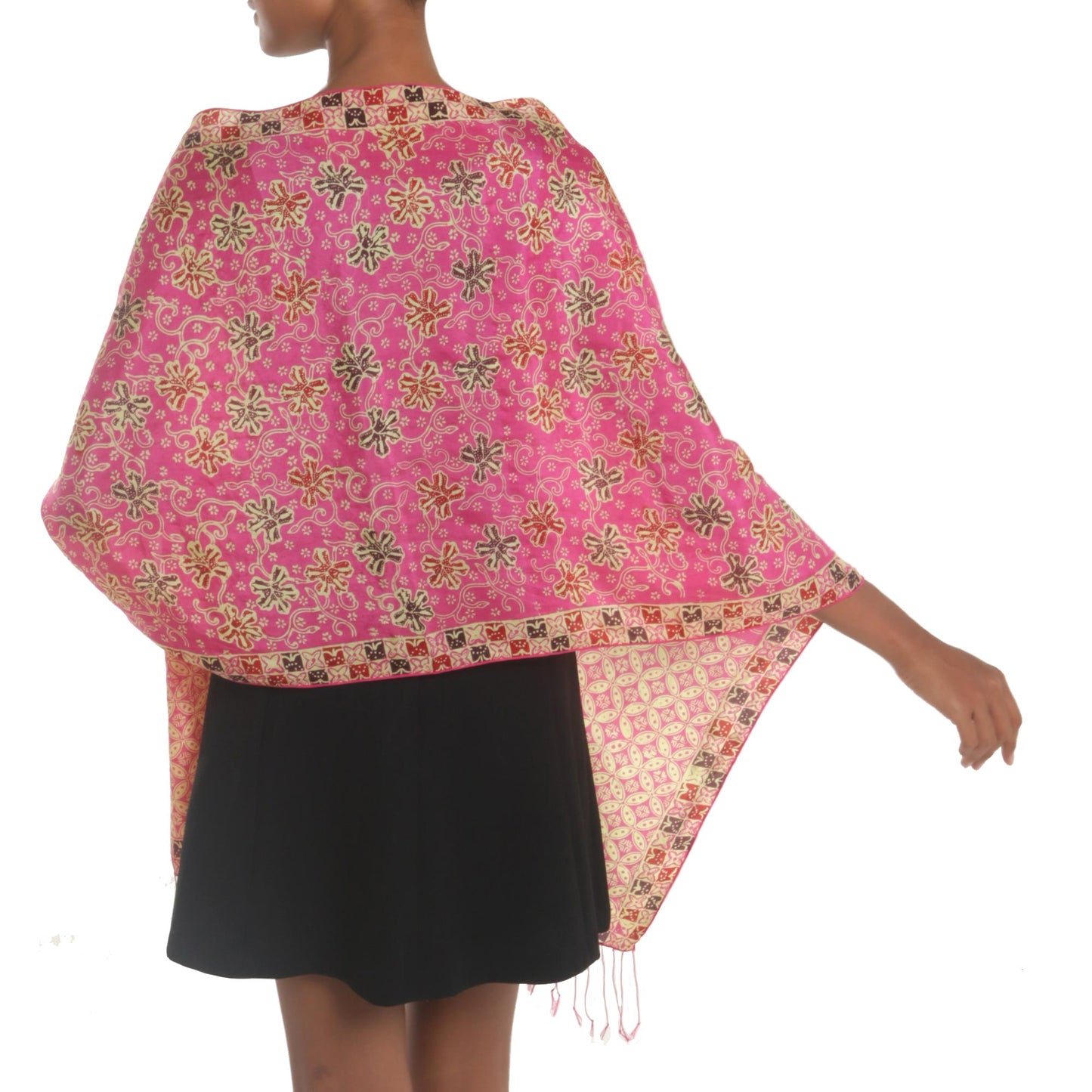 Kawung Azaleas in Fuchsia Batik Silk Shawl with Fuchsia Floral Motifs from Bali