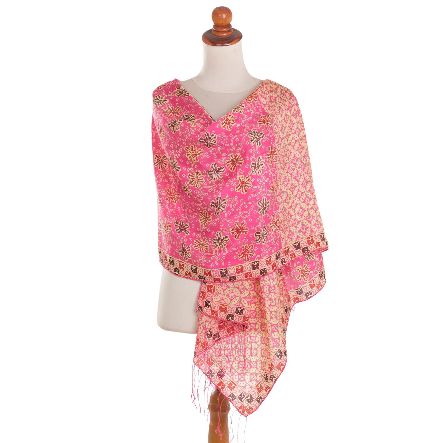 Kawung Azaleas in Fuchsia Batik Silk Shawl with Fuchsia Floral Motifs from Bali