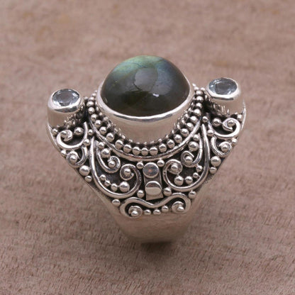 Beguiling Soul Labradorite and Blue Topaz Cocktail Ring from Bali